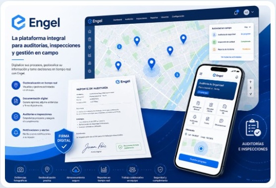 Vista de la plataforma ENGEL en computadora, reporte y aplicación móvil